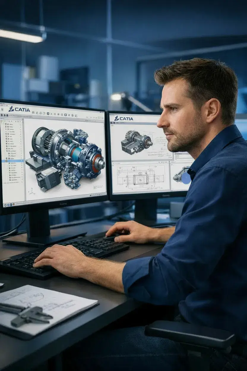 Mechanical design engineers collaborating on aerospace and automotive projects using CATIA.